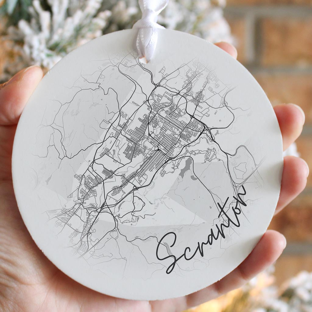 Minimalistic B&W Pennsylvania Scranton Circle Map| Wood Ornament | Eaches | Min 6