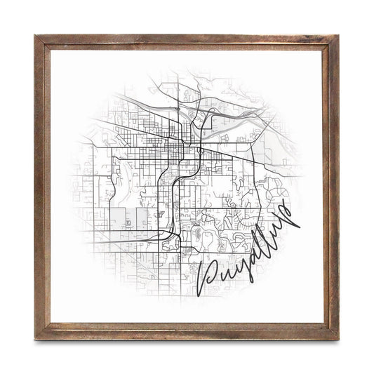 Minimalistic B&W Washington Puyallup Circle Map | Wood Sign | Eaches | Min 1