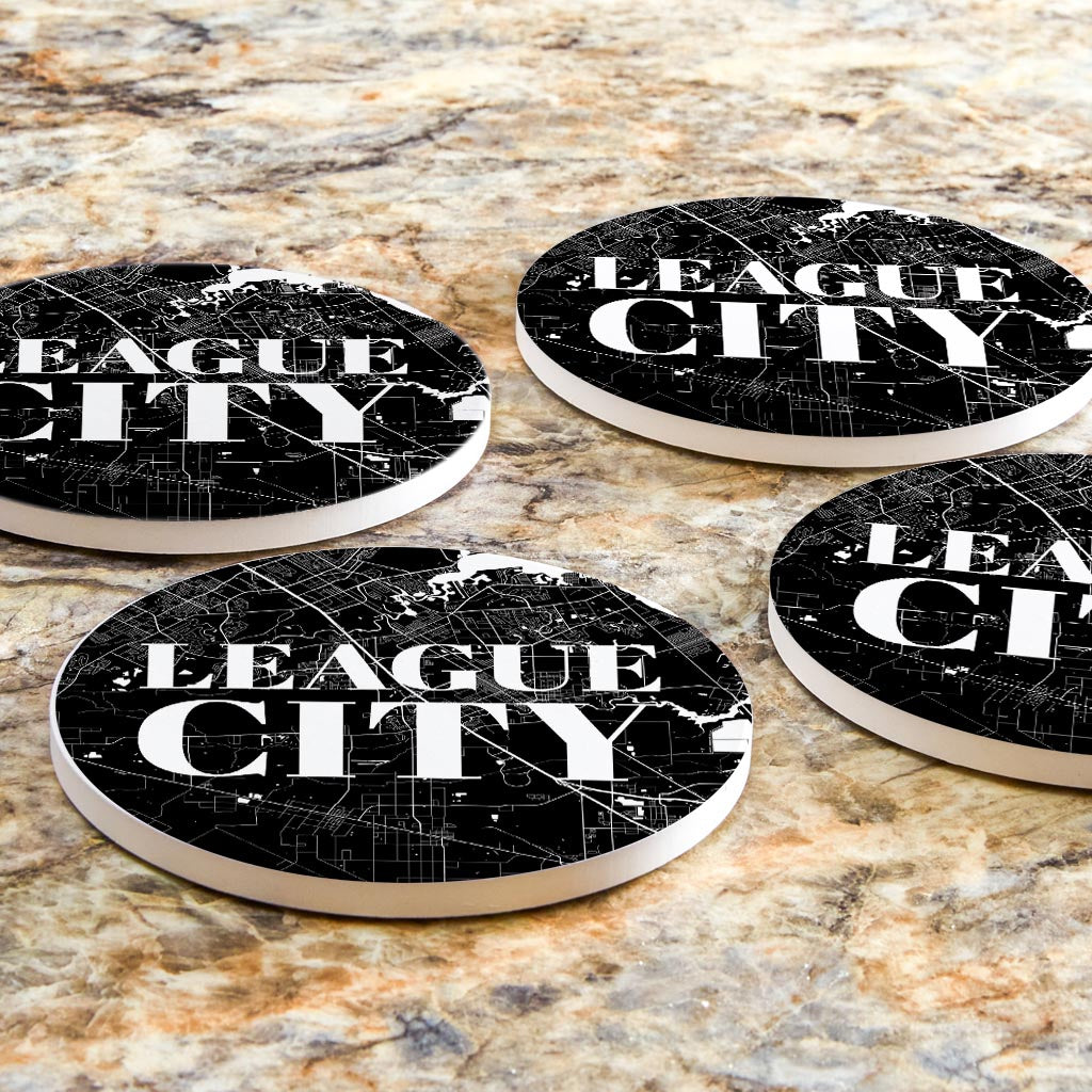 Minimalistic B&W Texas League City Map | Absorbent Coasters | Set of 4 | Min 2