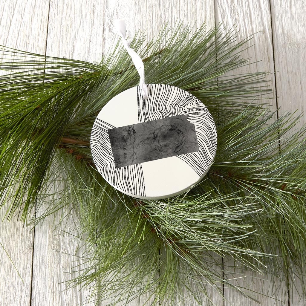 Minimalist B&W Kansas State With Fluid Lines | Wood Ornament | Eaches | Min 6