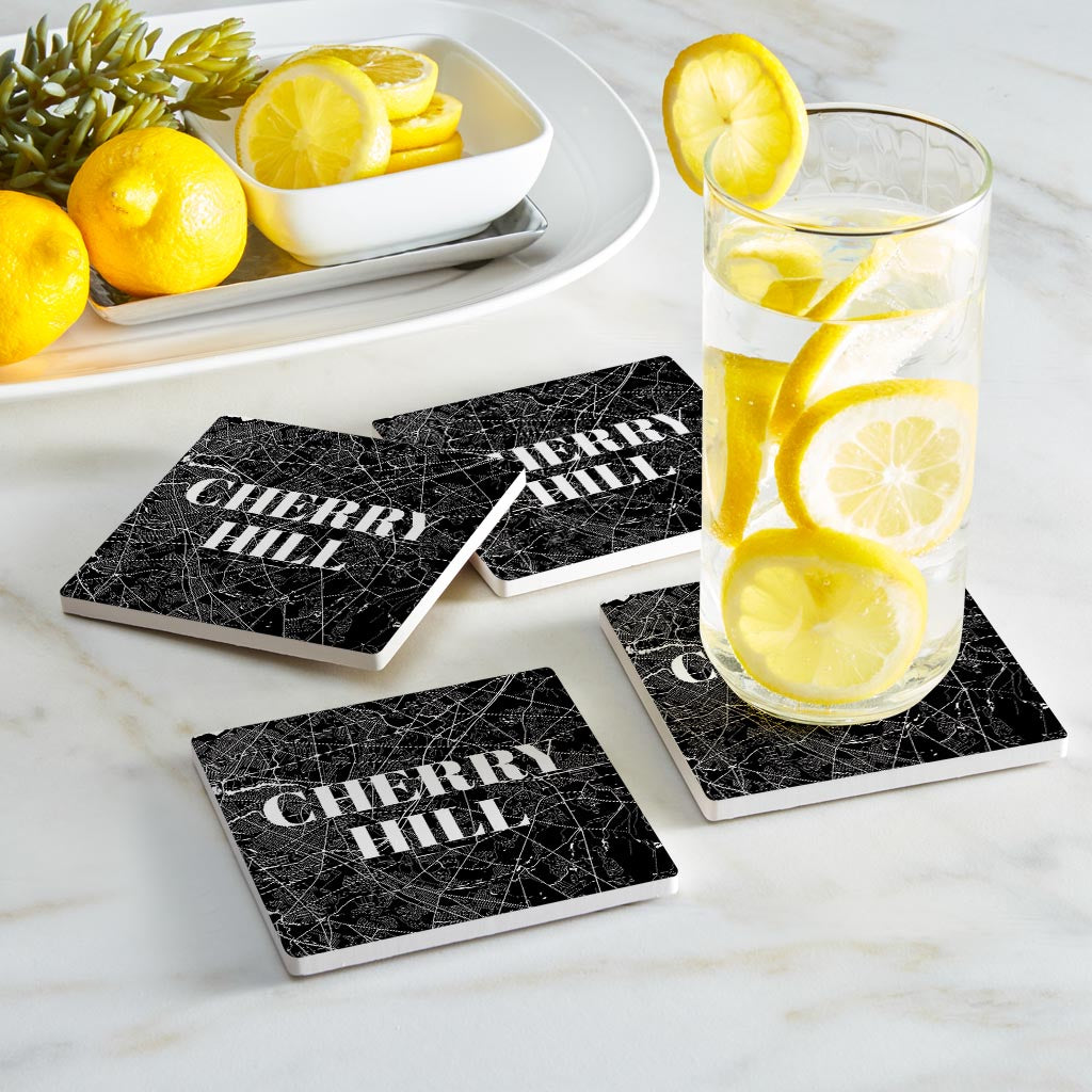 Minimalistic B&W New Jersey Cherry Hill Map | Absorbent Coasters | Set of 4 | Min 2