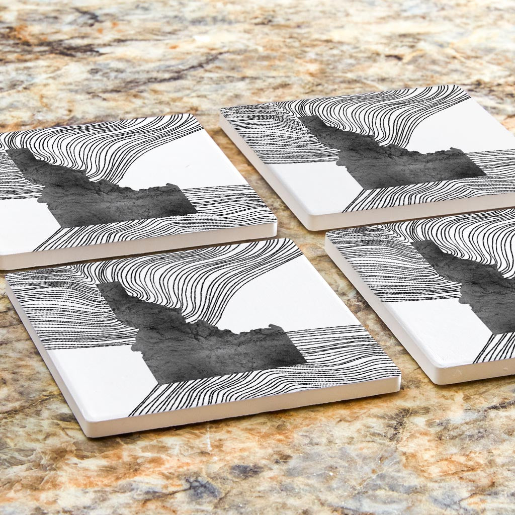 Minimalist B&W Idaho State With Fluid Lines | Absorbent Coasters | Set of 4 | Min 2