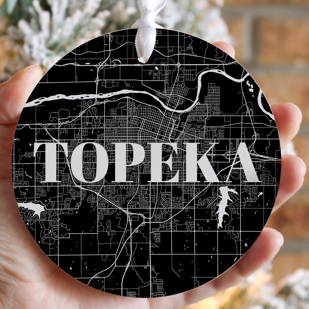 Minimalist B&W Kansas Topeka Map | Wood Ornament | Eaches | Min 6