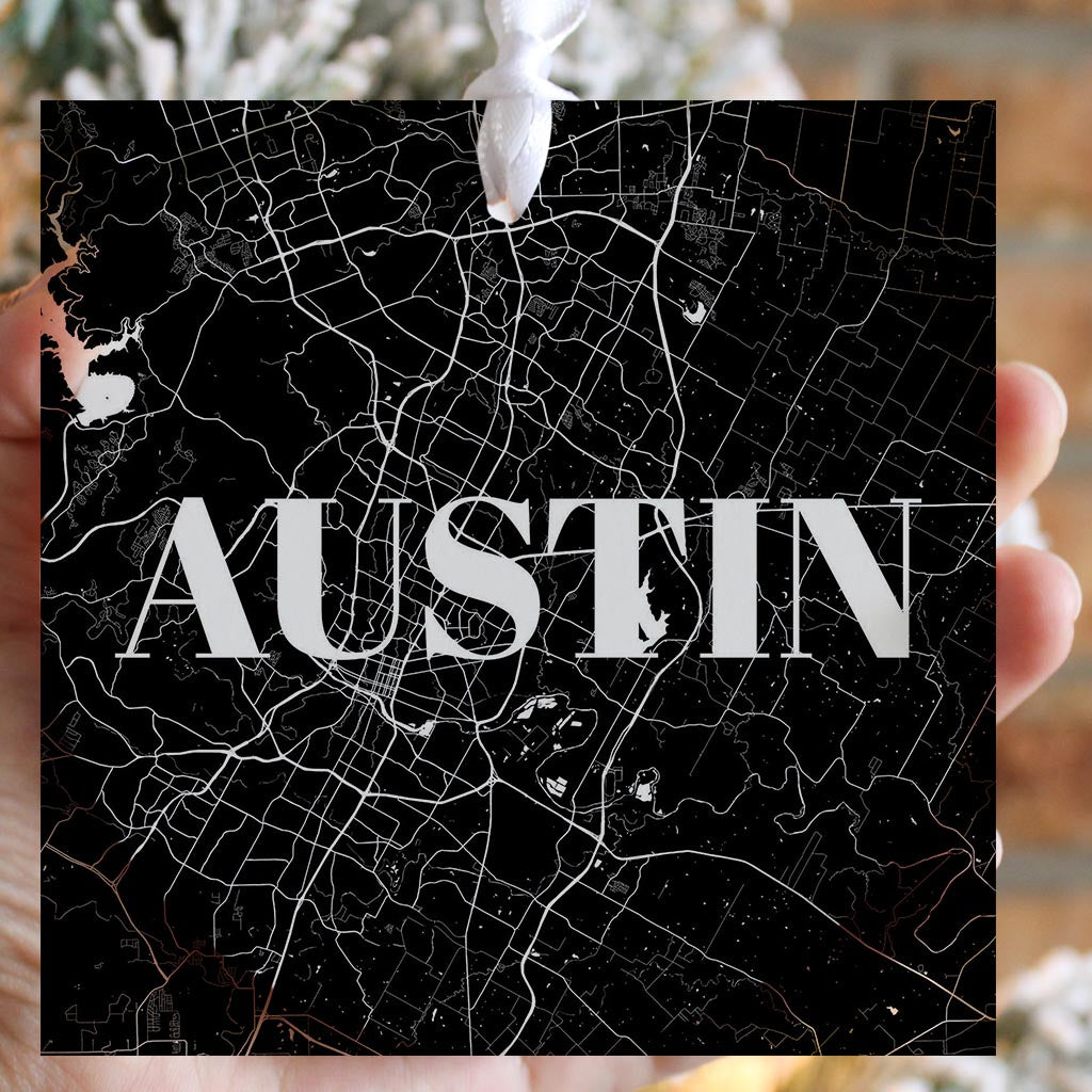 Minimalistic B&W Texas Austin Map | Wood Ornament | Eaches | Min 6