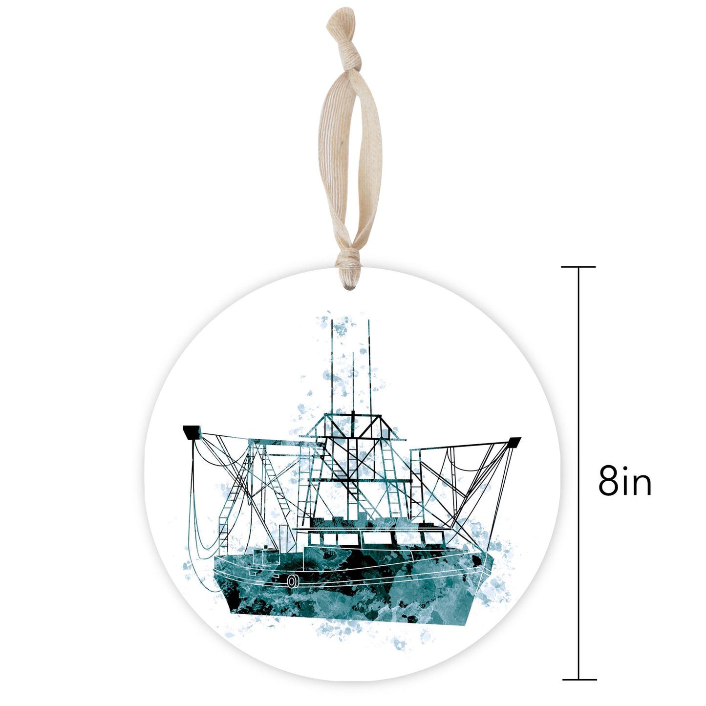 Blue White Water Color Shrimp Boat | Wood Ornament | Eaches | Min 1