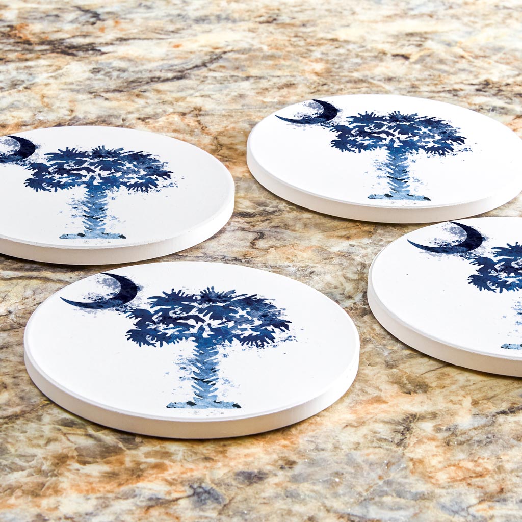 South Carolina Blue Water Color Palm Trees On White | Absorbent Coasters | Set of 4 | Min 2