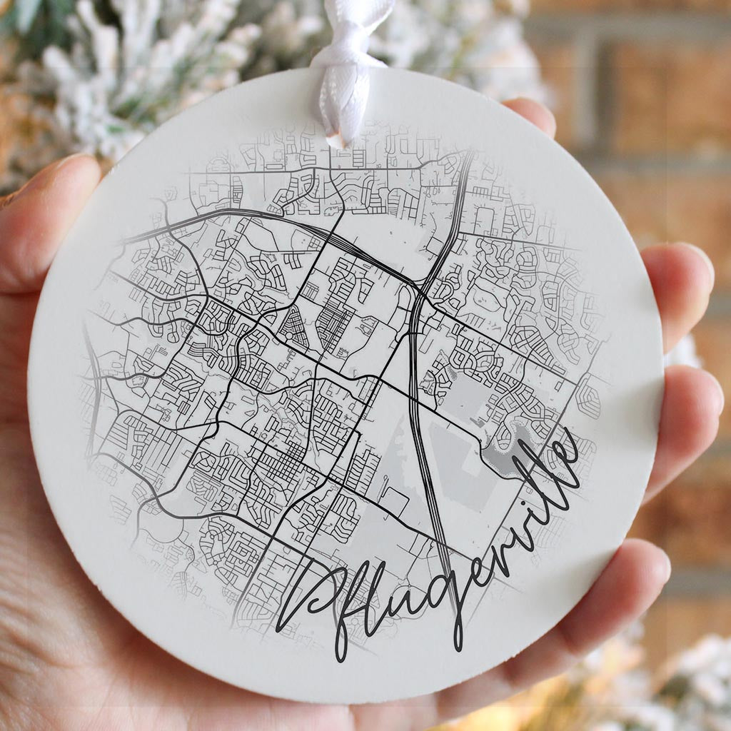 Minimalistic B&W Texas Pflugerville Circle Map | Wood Ornament | Eaches | Min 6