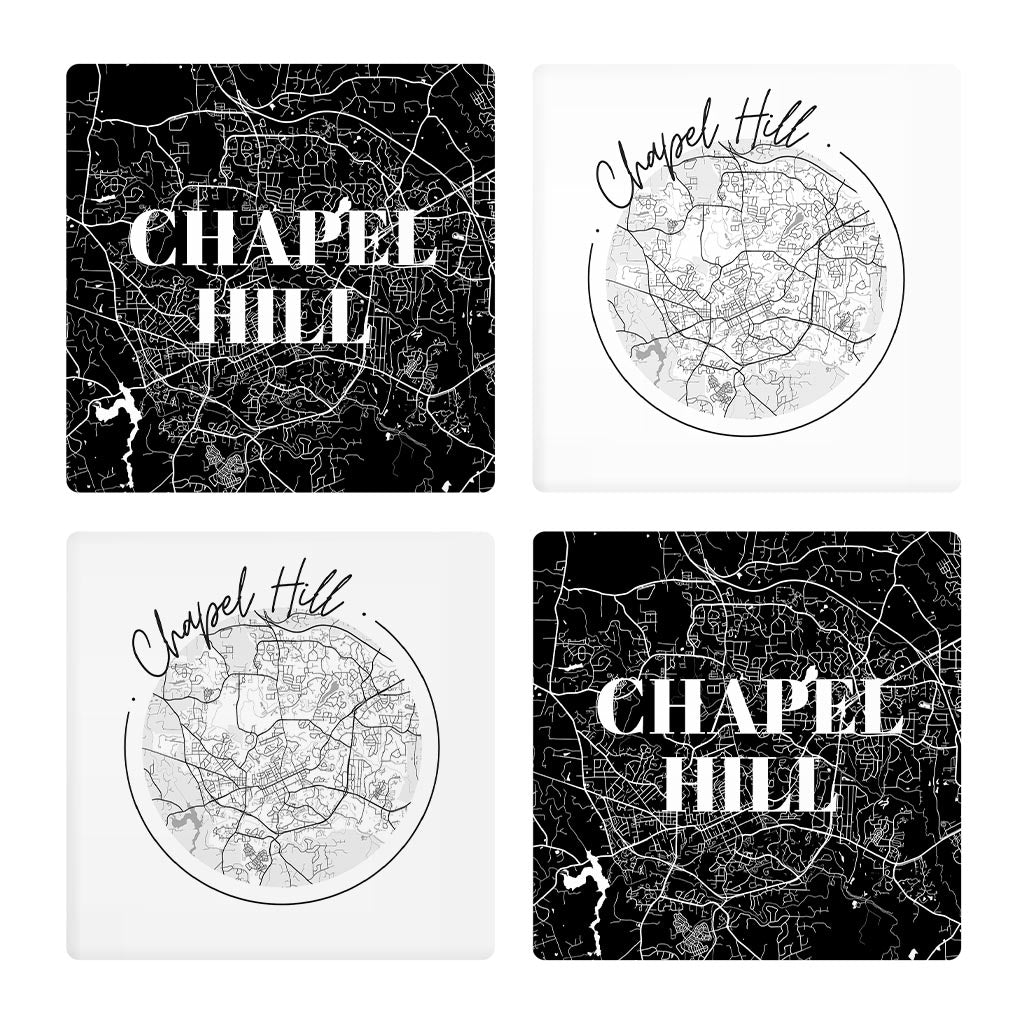 Minimalistic B&W North Carolina Chapel Hill Maps | Absorbent Coasters | Set of 4 | Min 2