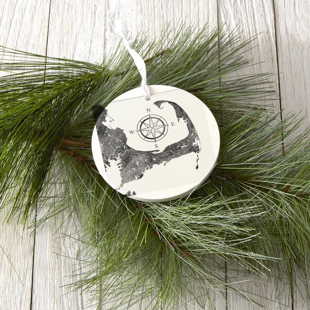 Minimalistic B&W Cape Cod Map With Compass | Wood Ornament | Eaches | Min 6