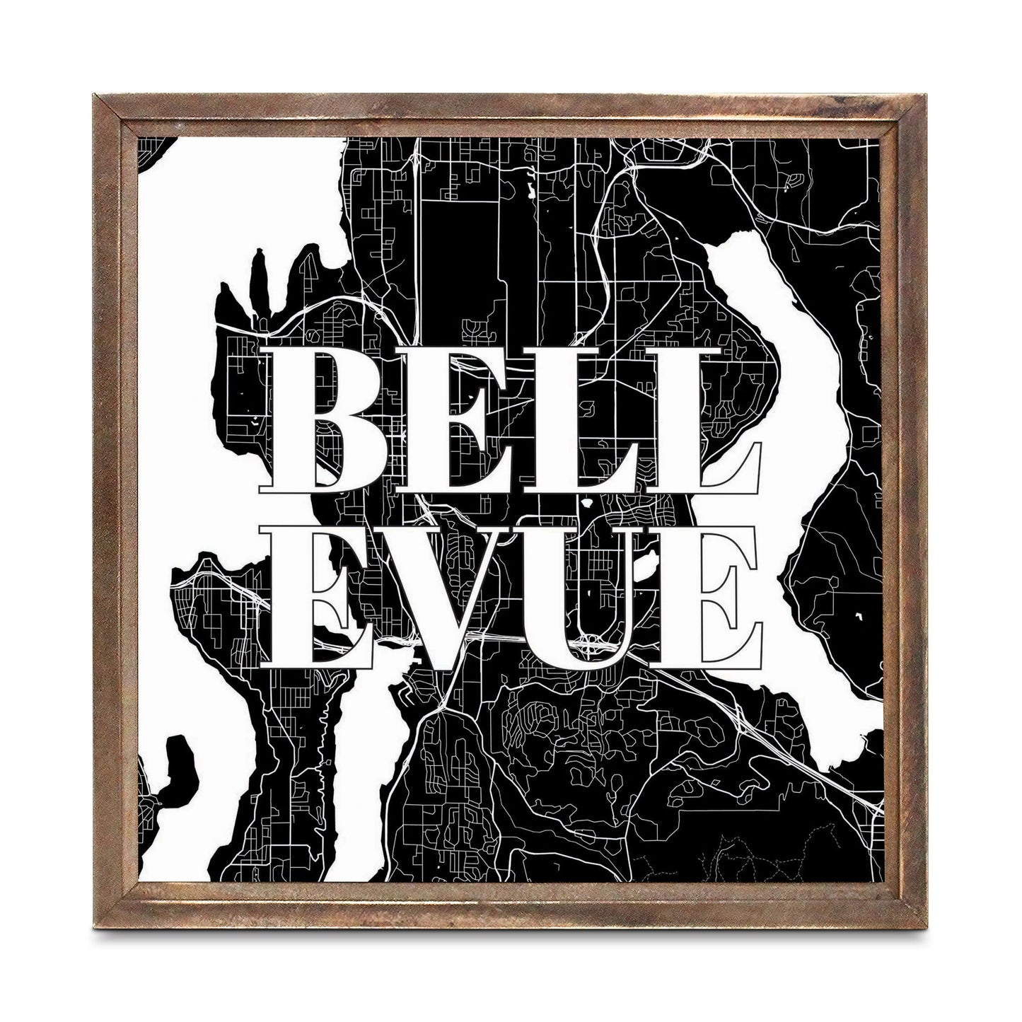 Minimalistic B&W Washington Bellevue Map | Wood Sign | Eaches | Min 1