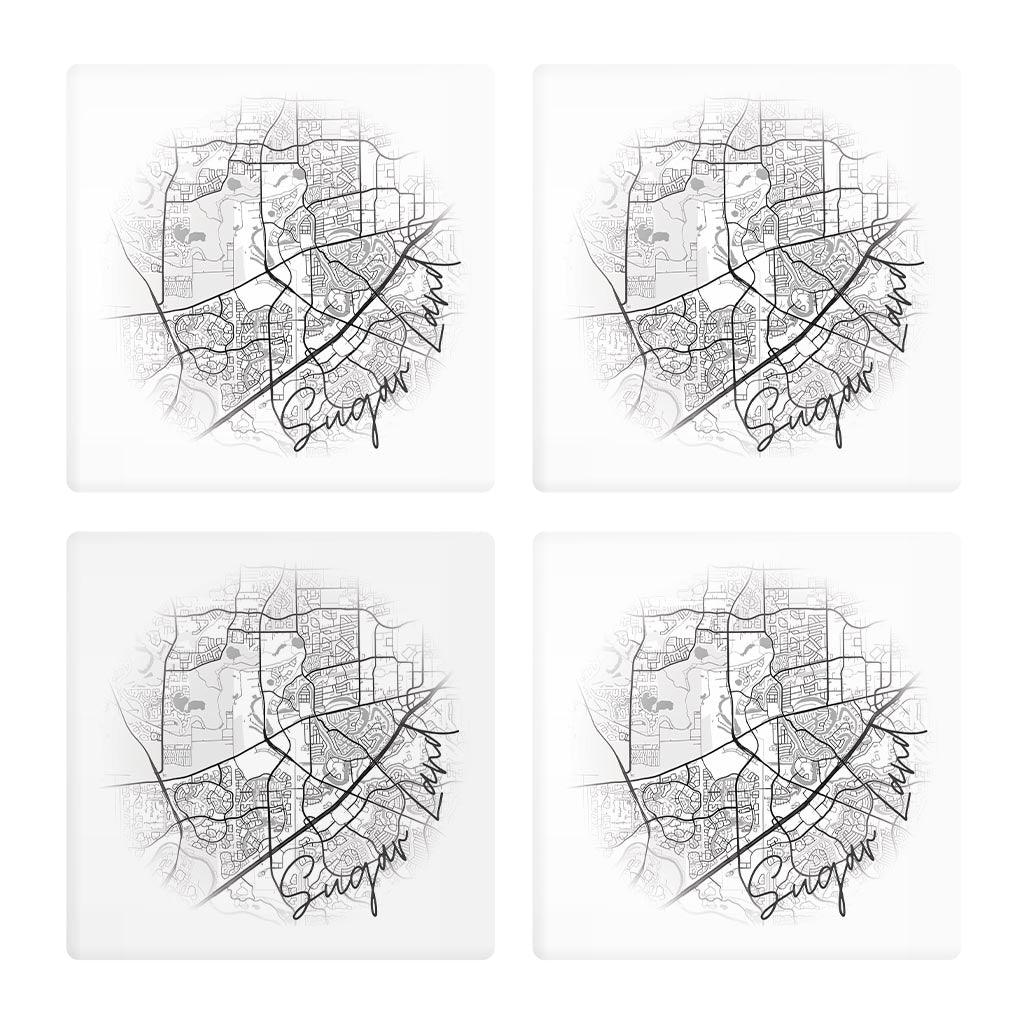 Minimalistic B&W Texas Sugarland Circle Map | Absorbent Coasters | Set of 4 | Min 2