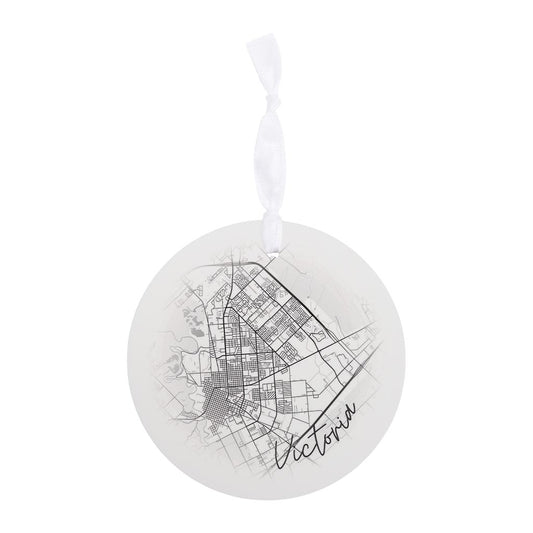 Minimalistic B&W Texas Victoria Circle Map | Wood Ornament | Eaches | Min 6