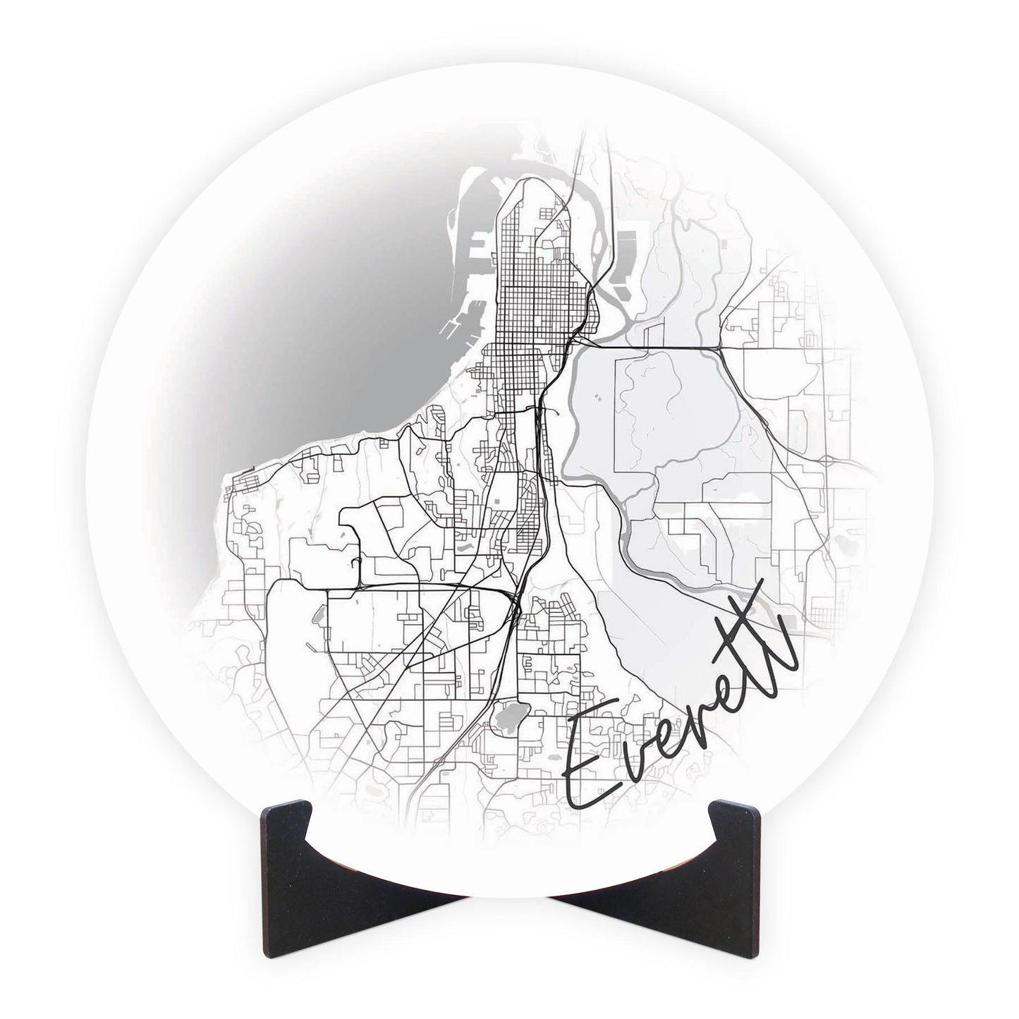 Minimalistic B&W Washington Everett Circle Map | Wood Sign | Eaches | Min 1