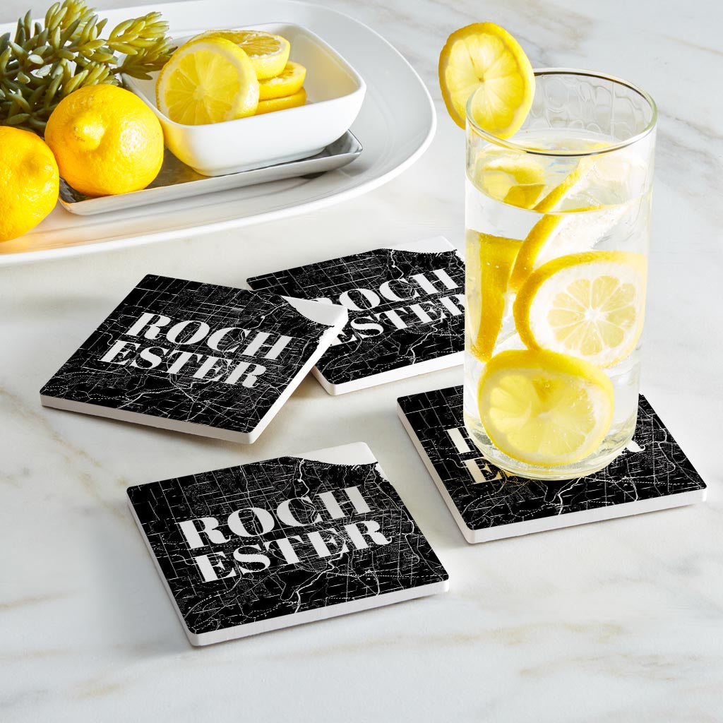 Minimalistic B&W New York Rochester Map | Absorbent Coasters | Set of 4 | Min 2