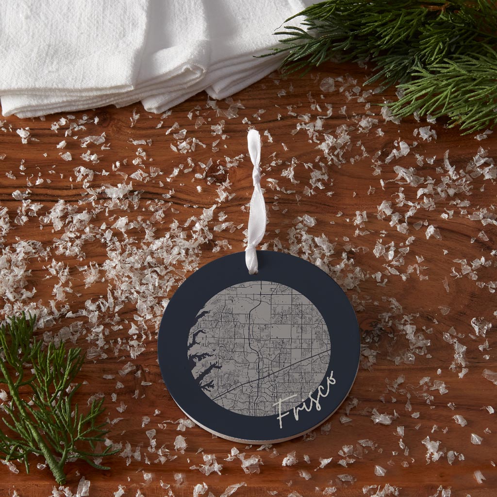 Modern Minimalist Texas Colors Frisco Circle Map | Wood Ornament | Eaches | Min 6