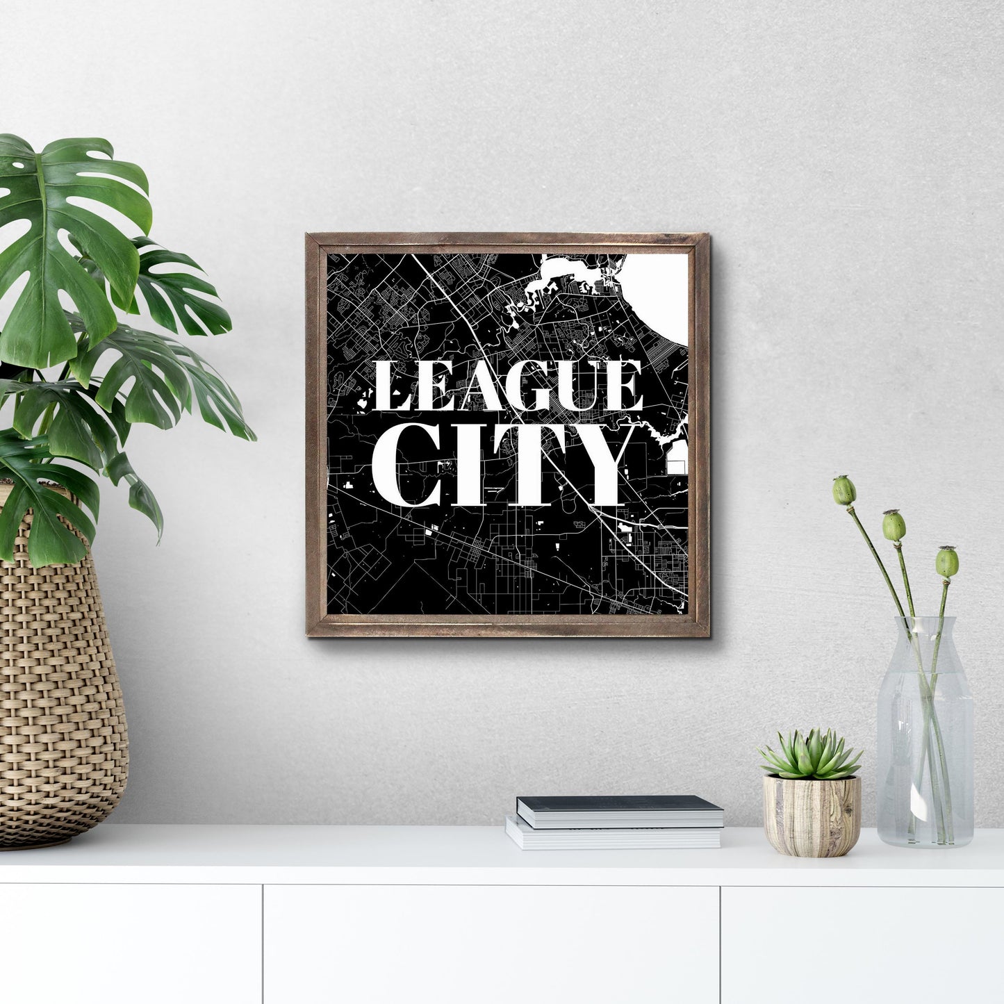 Minimalistic B&W Texas League City Map | Wood Sign | Eaches | Min 1