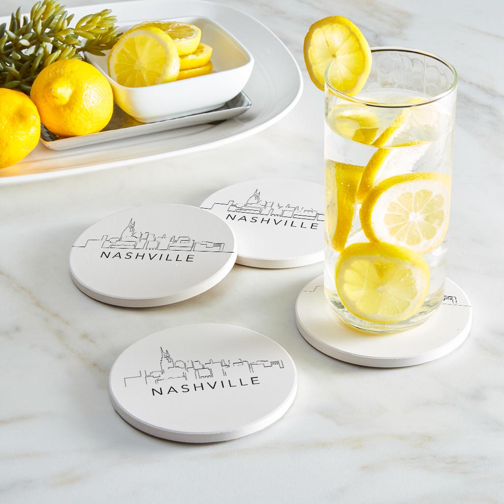 Minimalist B&W Tennessee Nashville Skyline | Absorbent Coasters | Set of 4 | Min 2