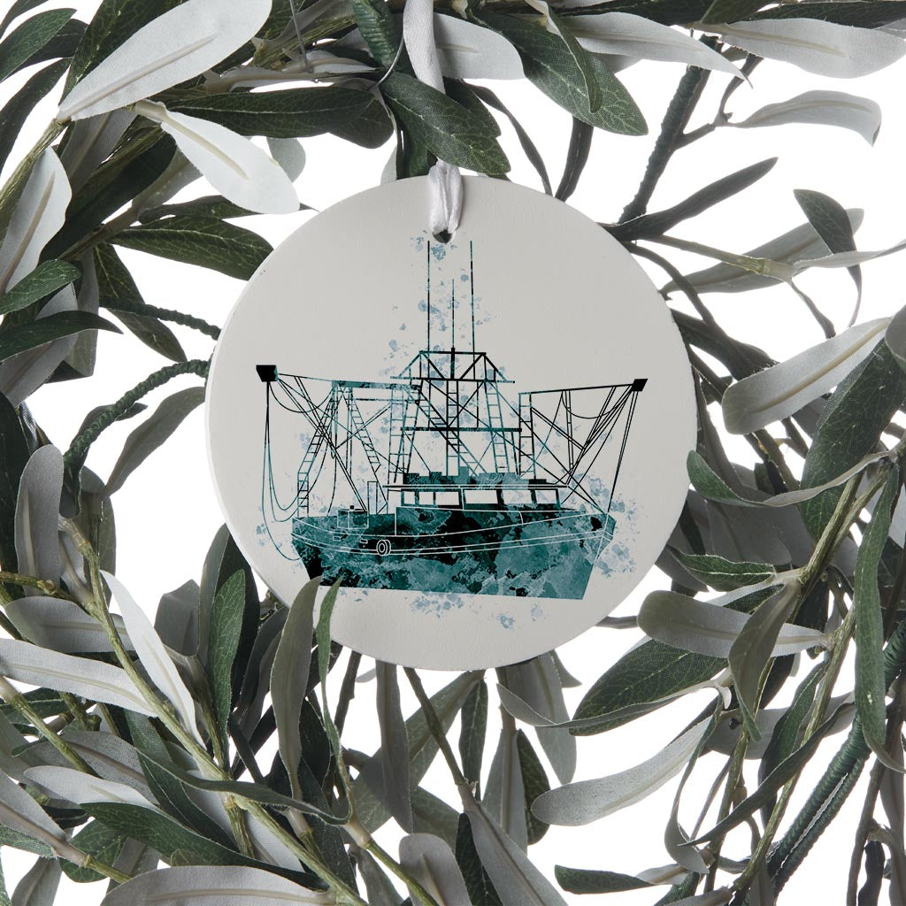 Blue White Water Color Shrimp Boat | Wood Ornament | Eaches | Min 6