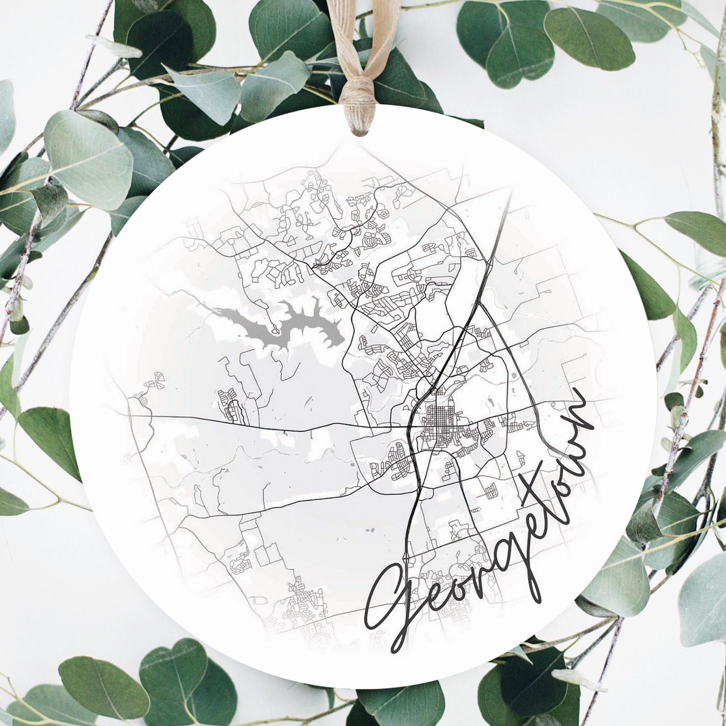 Minimalistic B&W Texas Georgetown Circle Map| Wood Ornament | Eaches | Min 1