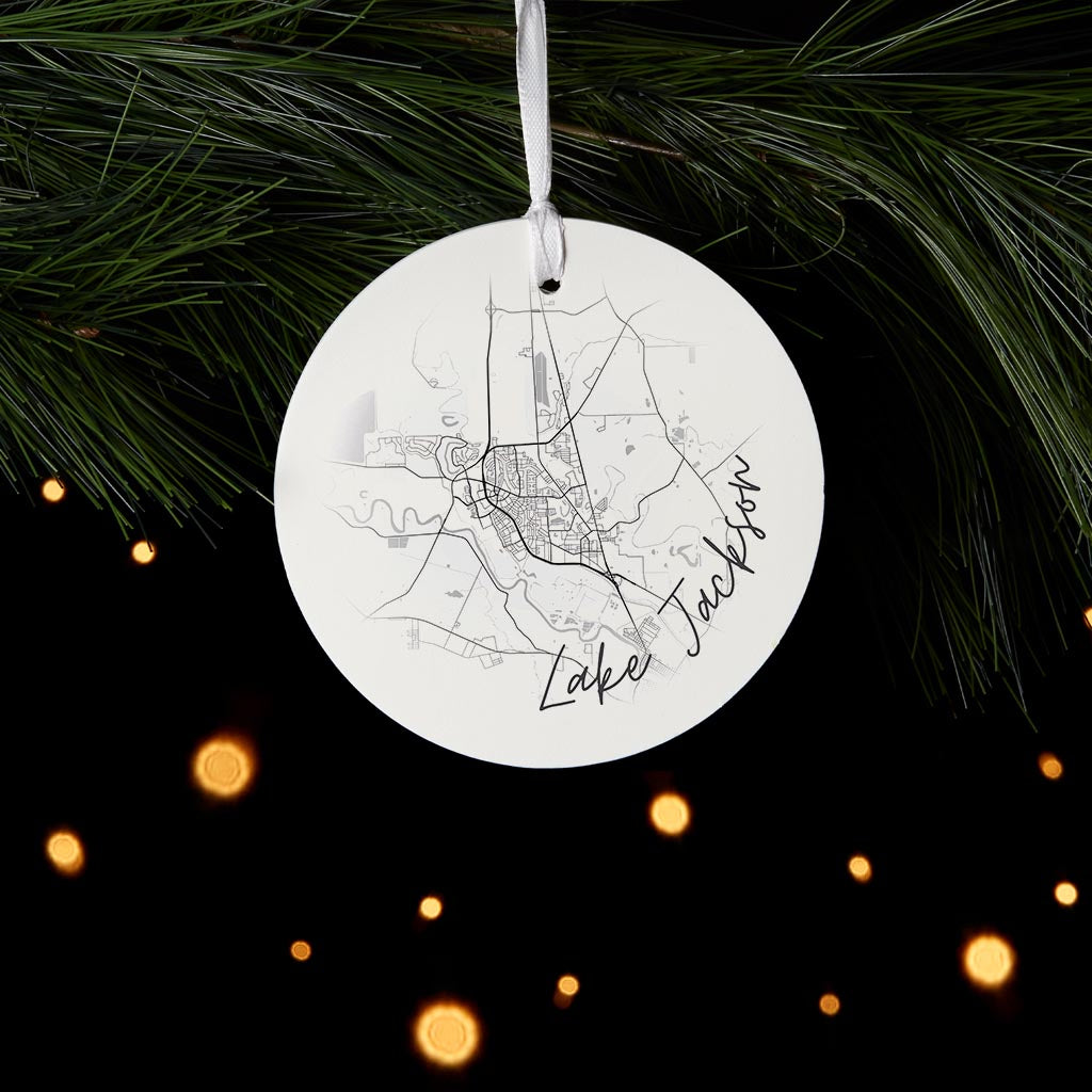 Minimalistic B&W Texas Lake Jackson Circle Map | Wood Ornament | Eaches | Min 6