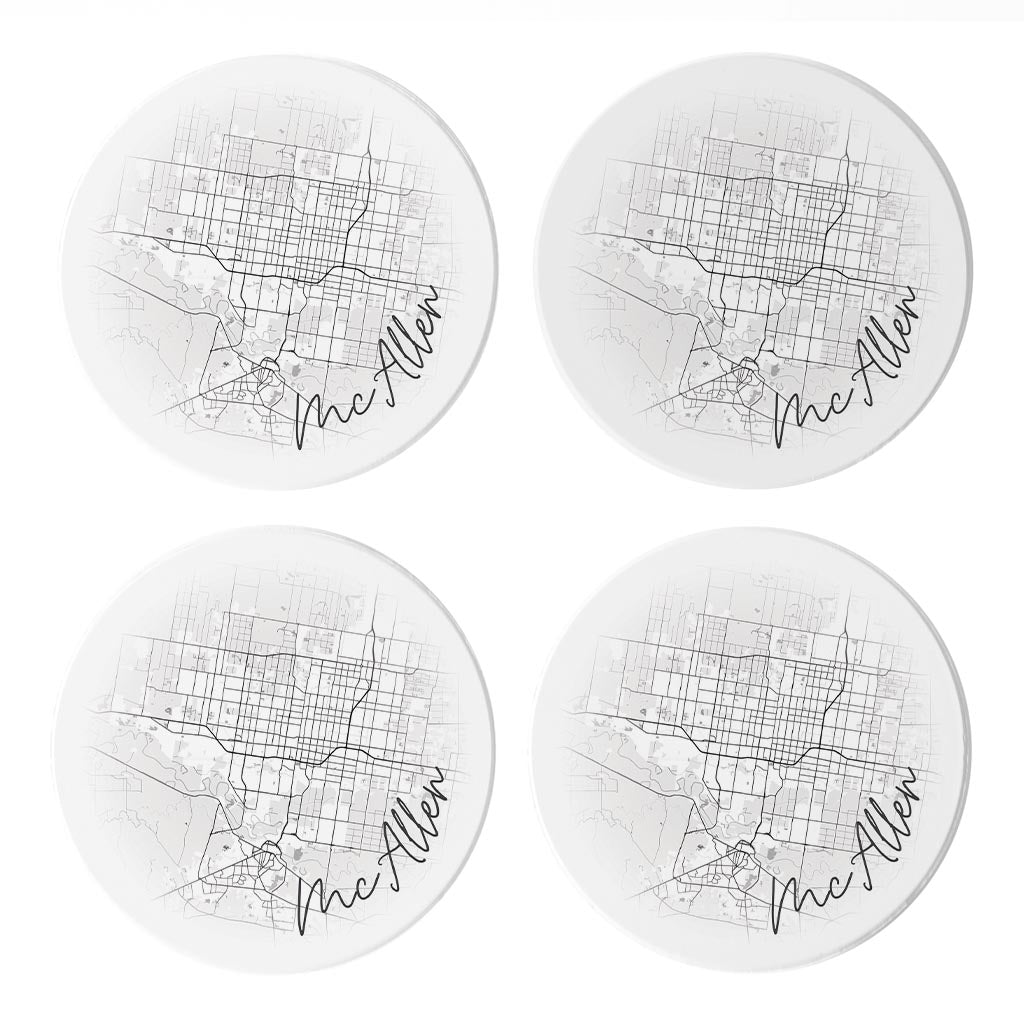 Minimalistic B&W Texas Mcallen Circle Map | Absorbent Coasters | Set of 4 | Min 2