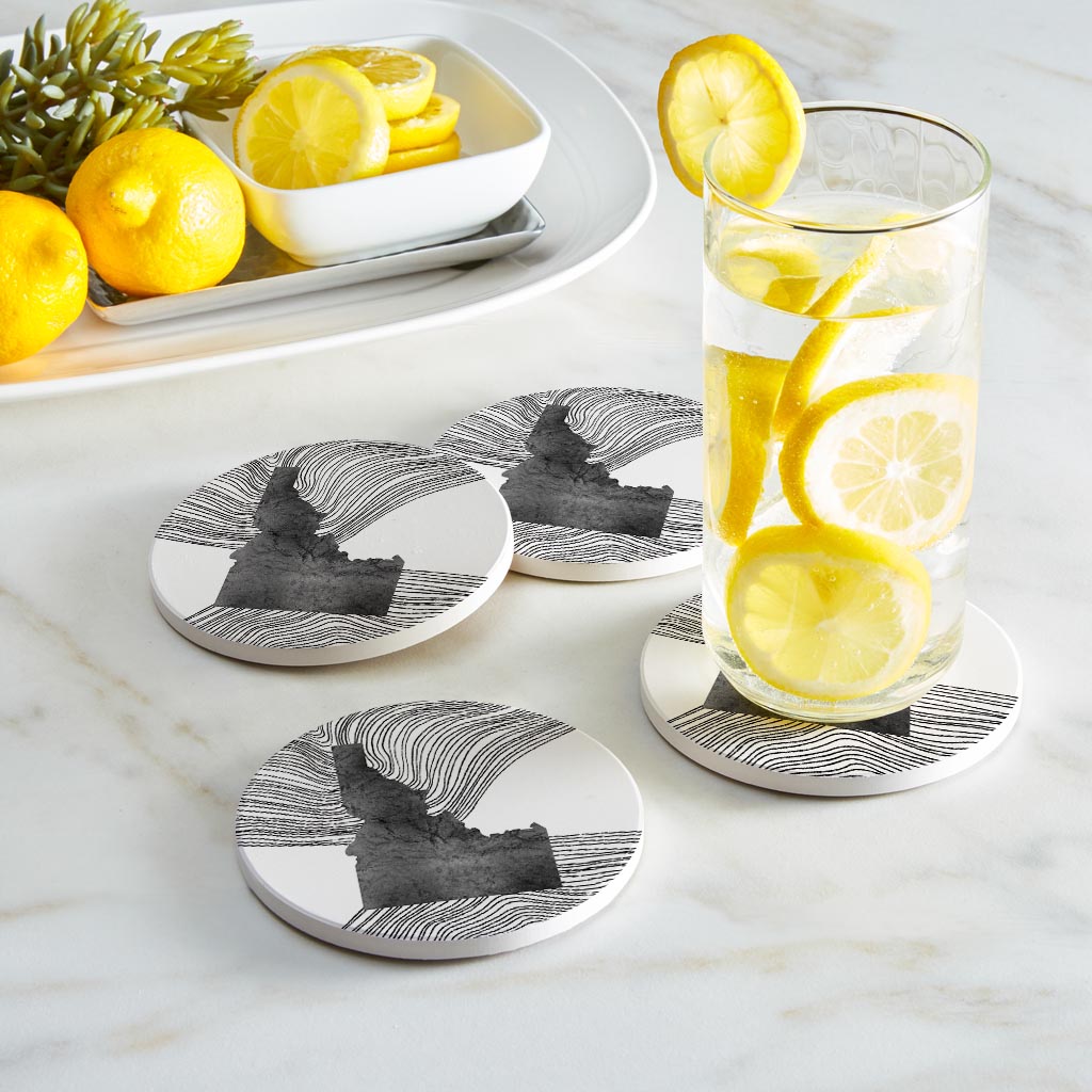 Minimalist B&W Idaho State With Fluid Lines | Absorbent Coasters | Set of 4 | Min 2