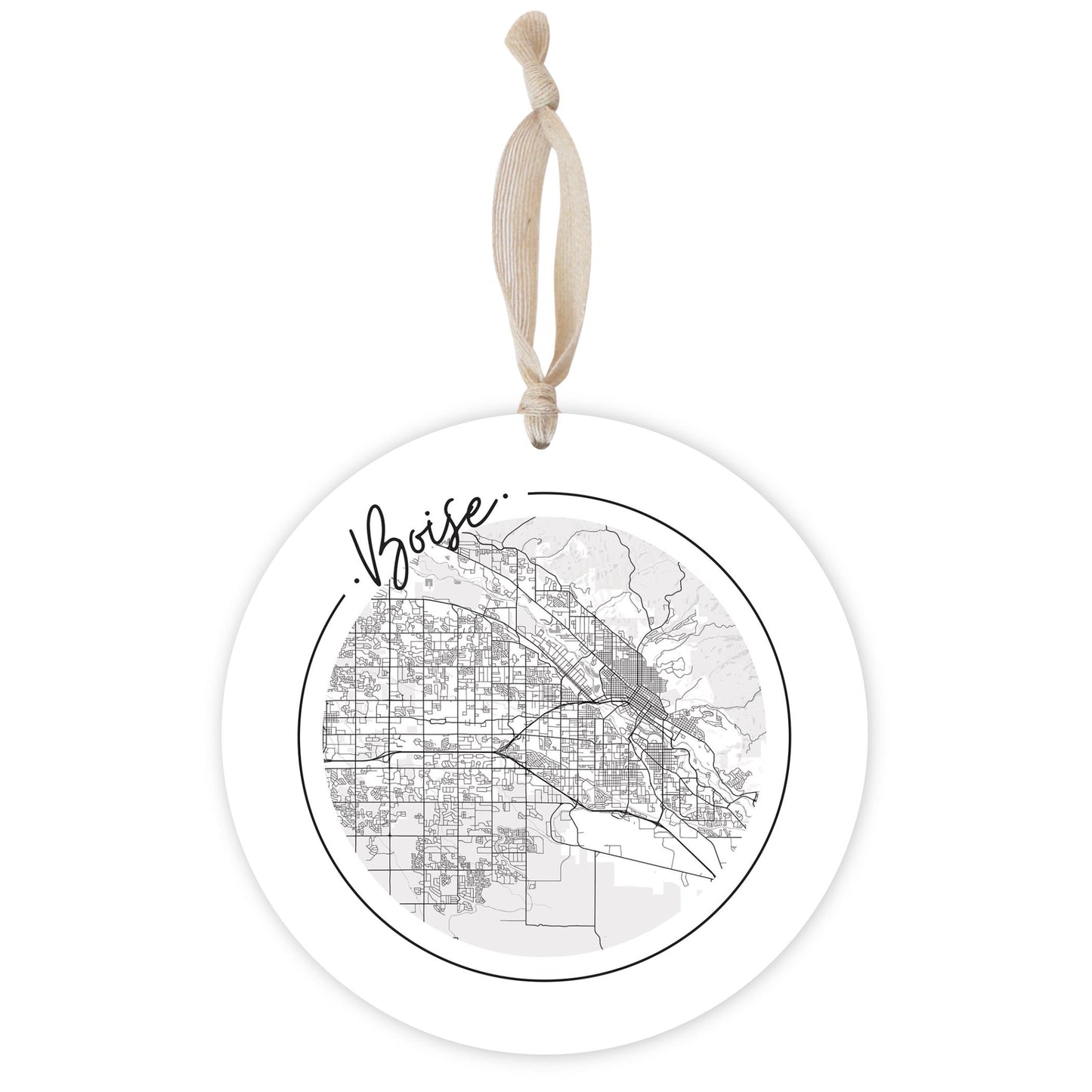 Minimalist B&W Idaho Boise Circle Map | Wood Ornament | Eaches | Min 1