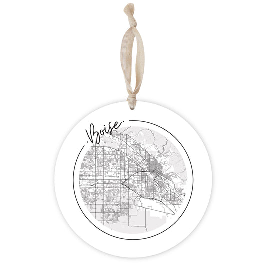 Minimalist B&W Idaho Boise Circle Map | Wood Ornament | Eaches | Min 1