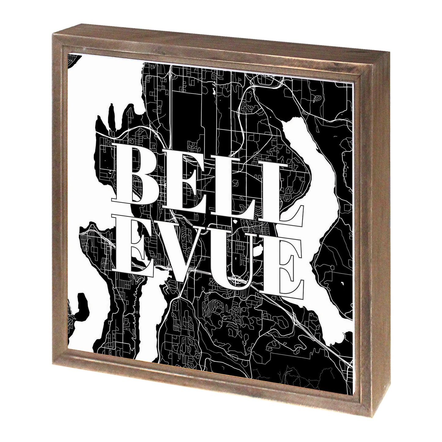 Minimalistic B&W Washington Bellevue Map | Wood Sign | Eaches | Min 1