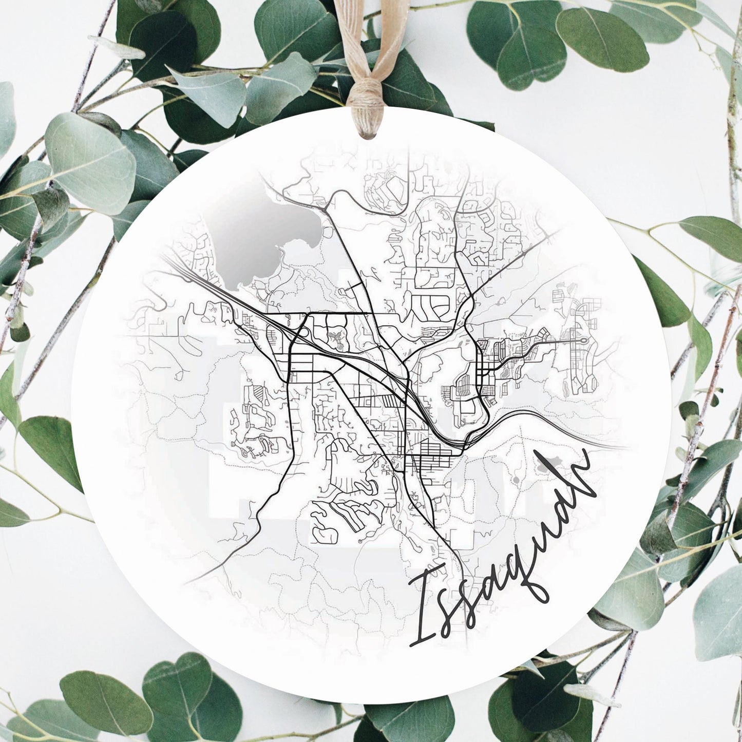 Minimalistic B&W Washington Issaquah Circle Map | Wood Ornament | Eaches | Min 1