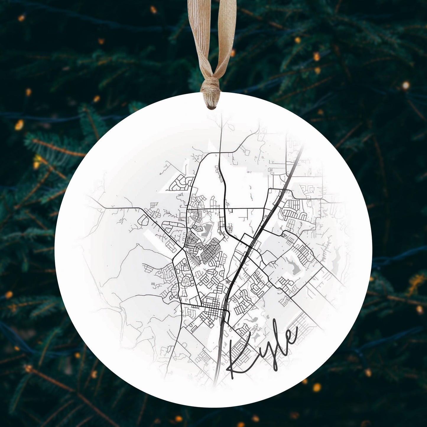 Minimalistic B&W Texas Kyle Circle Map | Wood Ornament | Eaches | Min 1