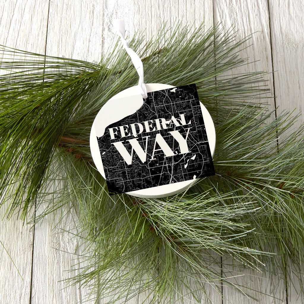 Minimalistic B&W Washington Federal Way Map | Wood Ornament | Eaches | Min 6