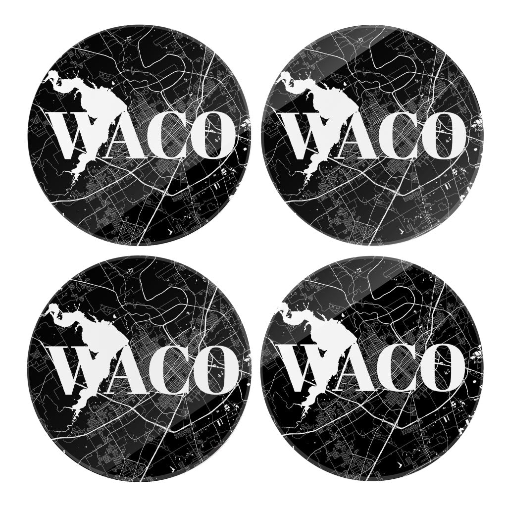 Minimalistic B&W Texas Waco Map | Hi-Def Glass Coasters | Set of 4 | Min 2