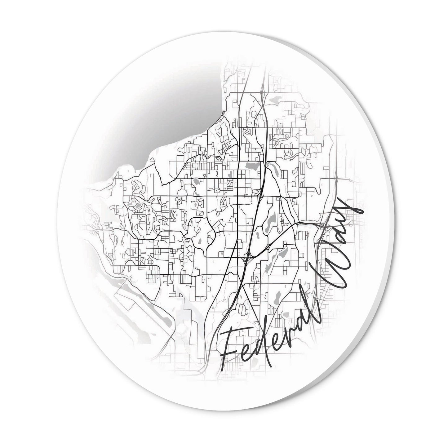 Minimalistic B&W Washington Federal Way Circle Map | Wood Sign | Eaches | Min 1