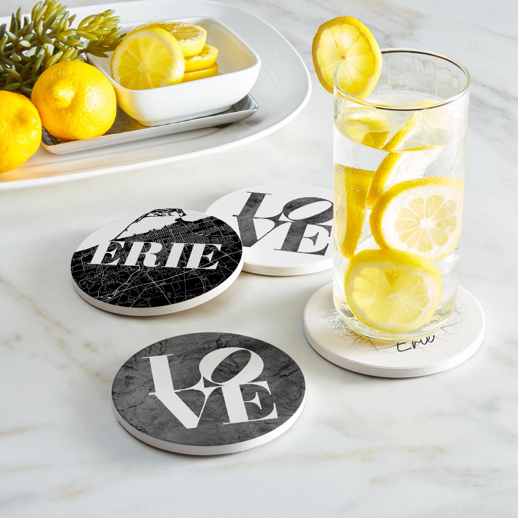 Minimalistic B&W Pennsylvania Erie Maps Love | Absorbent Coasters | Set of 4 | Min 2