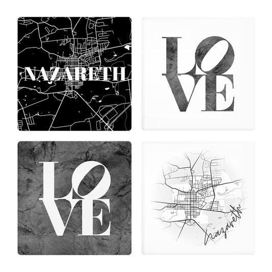 Minimalistic B&W Pennsylvania Nazareth Maps Love | Absorbent Coasters | Set of 4 | Min 2