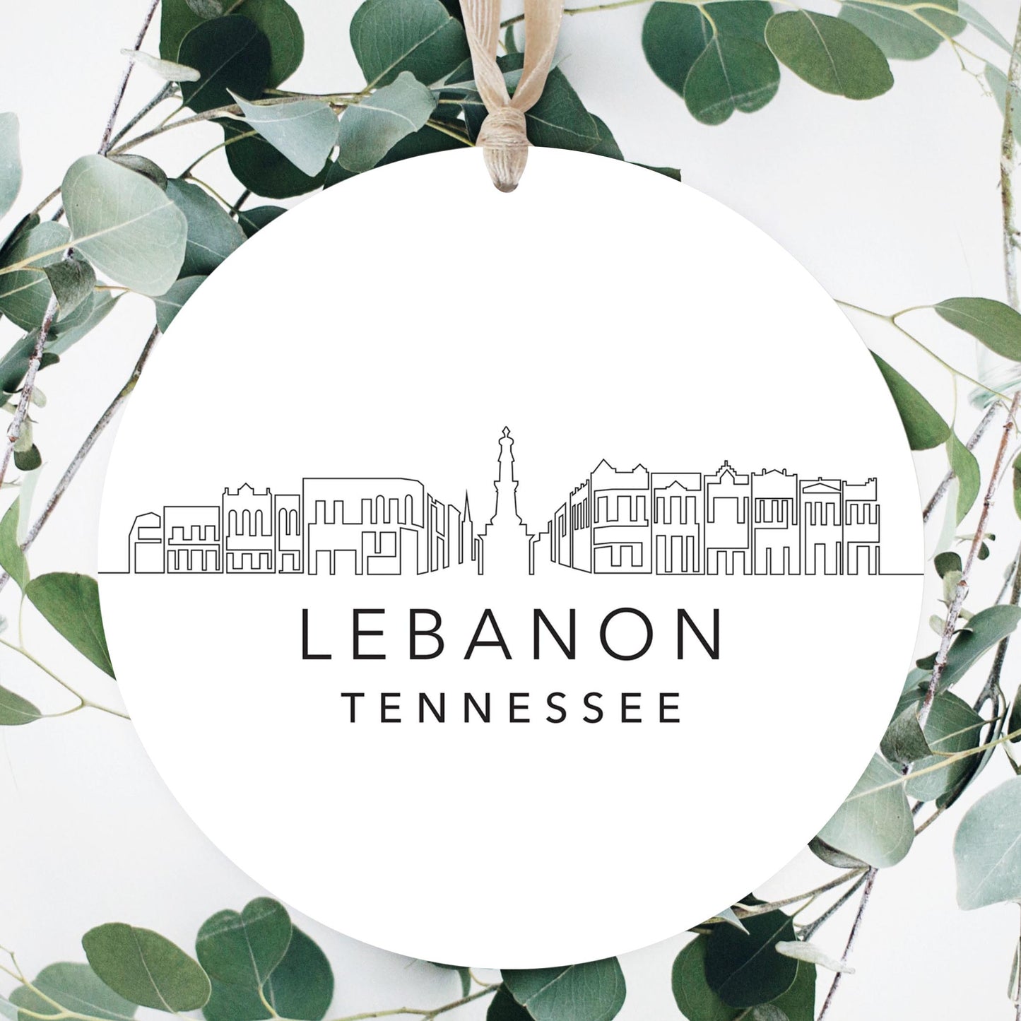 Minimalist B&W Tennessee Lebanon Skyline | Wood Ornament | Eaches | Min 1