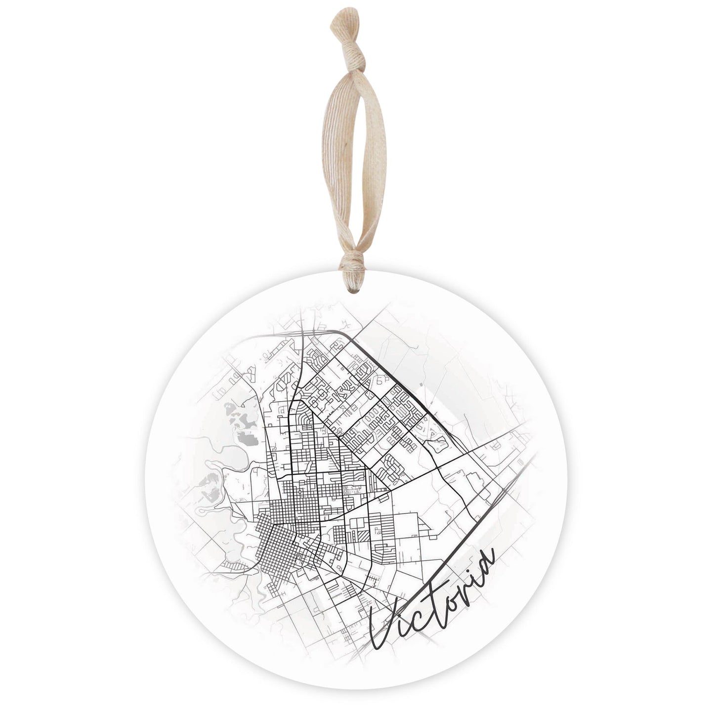 Minimalistic B&W Texas Victoria Circle Map | Wood Ornament | Eaches | Min 1