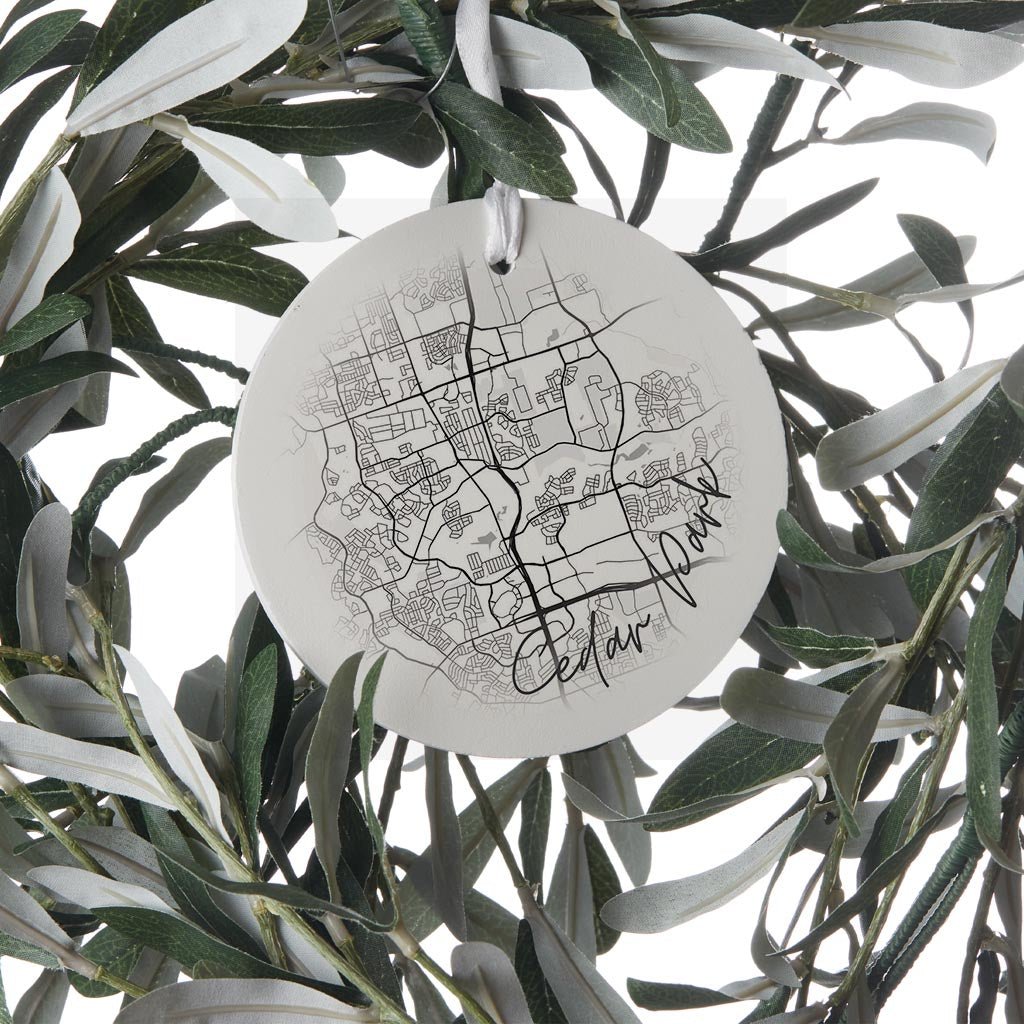 Minimalistic B&W Texas Cedar Park Circle Map | Wood Ornament | Eaches | Min 6