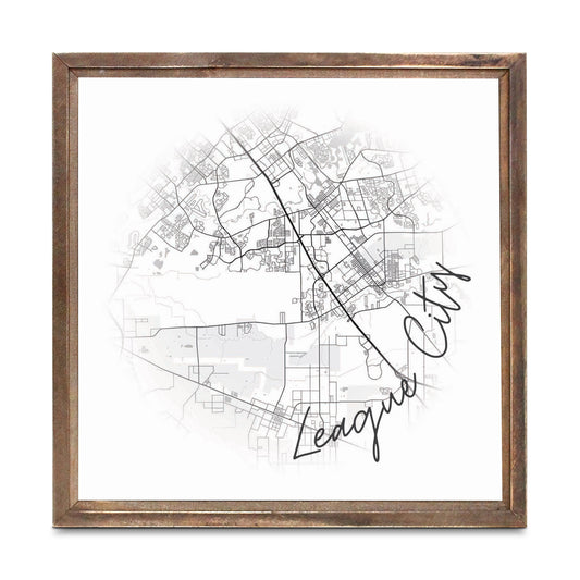 Minimalistic B&W Texas League City Circle Map | Wood Sign | Eaches | Min 1