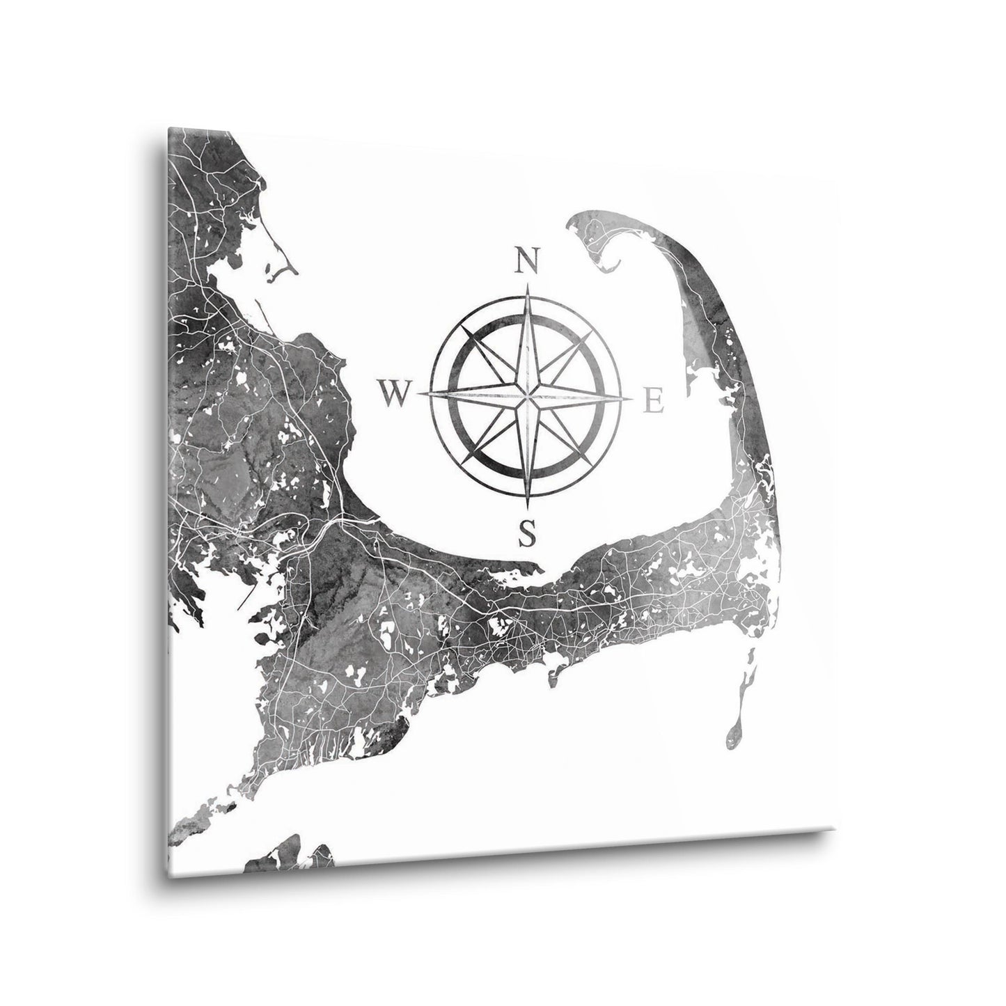 Minimalistic B&W Cape Cod Map With Compass | Hi-Def Glass Art | Eaches | Min 2