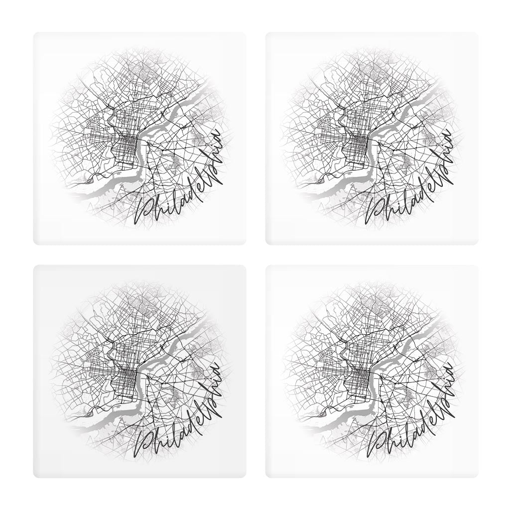 Minimalistic B&W Pennsylvania Philadelphia Circle Map | Absorbent Coasters | Set of 4 | Min 2