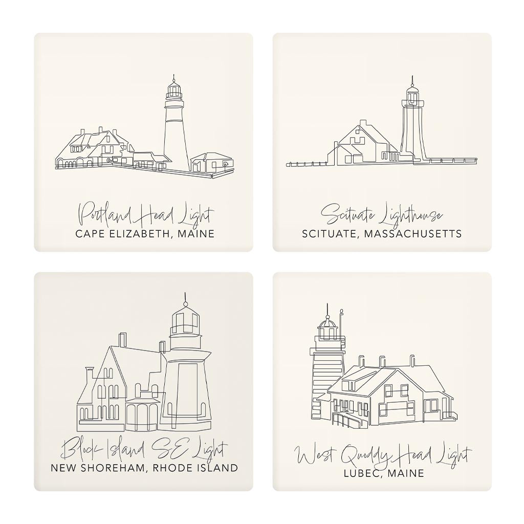 New England Lighthouses Cream Colored | Absorbent Coasters | Set of 4 | Min 2