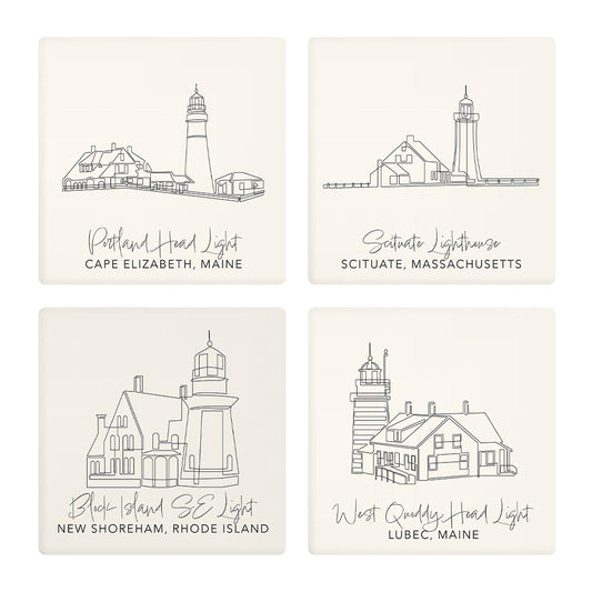 New England Lighthouses Cream Colored | Absorbent Coasters | Set of 4 | Min 2