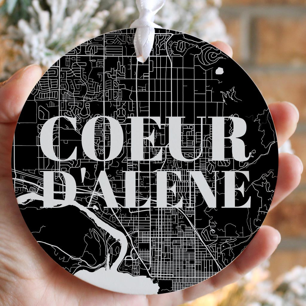 Minimalist B&W Idaho Coeur Dalene Map | Wood Ornament | Eaches | Min 6