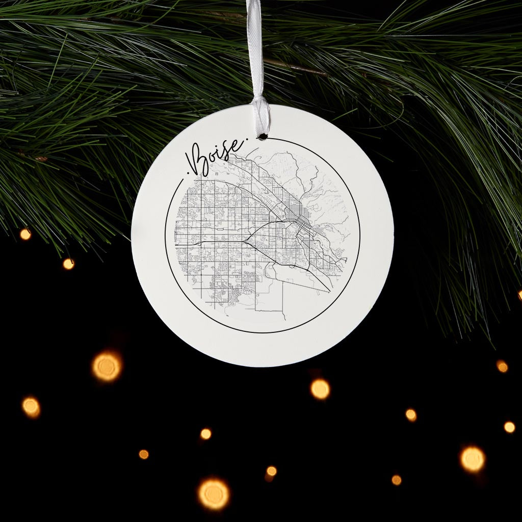 Minimalist B&W Idaho Boise Circle Map | Wood Ornament | Eaches | Min 6