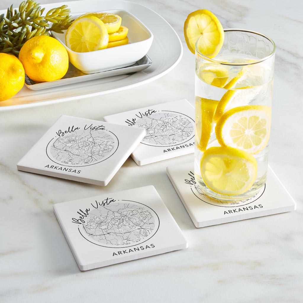 Minimalist B&W Arkansas Bella Vista Circle Map State | Absorbent Coasters | Set of 4 | Min 2