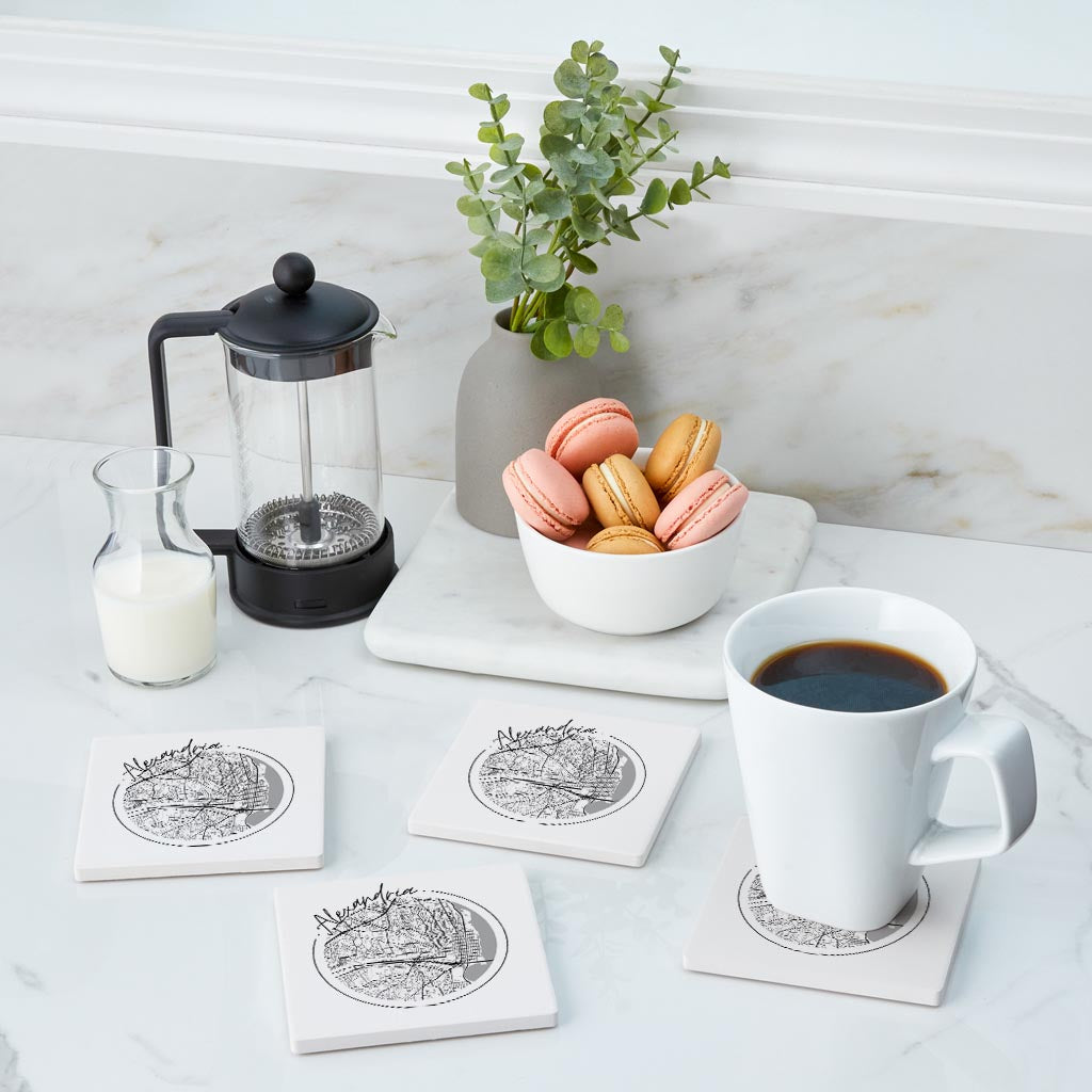 Minimalistic B&W Virginia Alexandria Circle Map| Absorbent Coasters | Set of 4 | Min 2