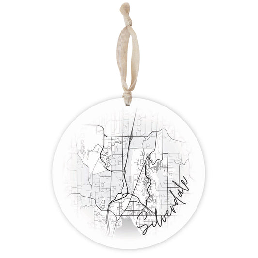 Minimalistic B&W Washington Silverdale Circle Map | Wood Ornament | Eaches | Min 1