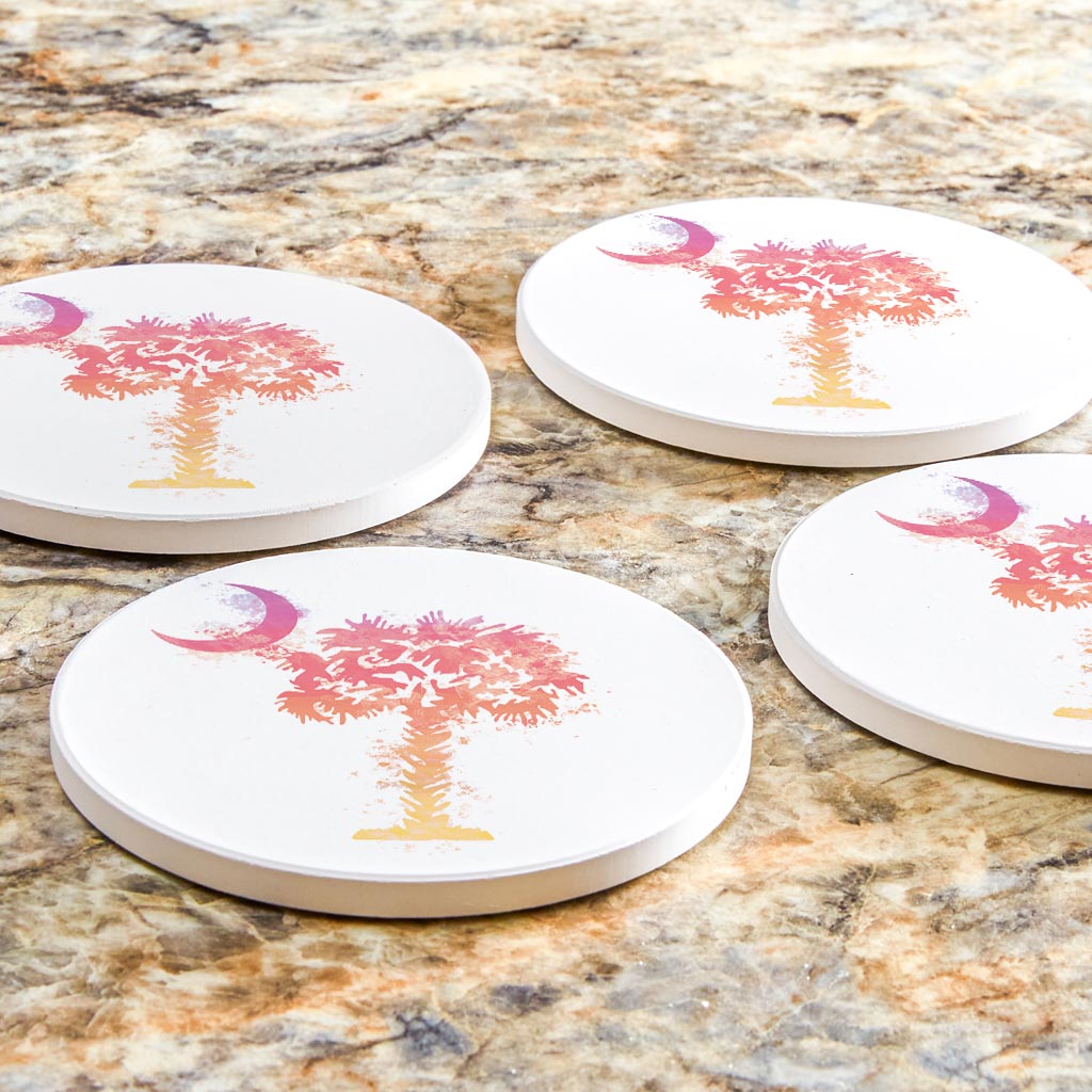 South Carolina Pink Water Color Palm Trees On White | Absorbent Coasters | Set of 4 | Min 2